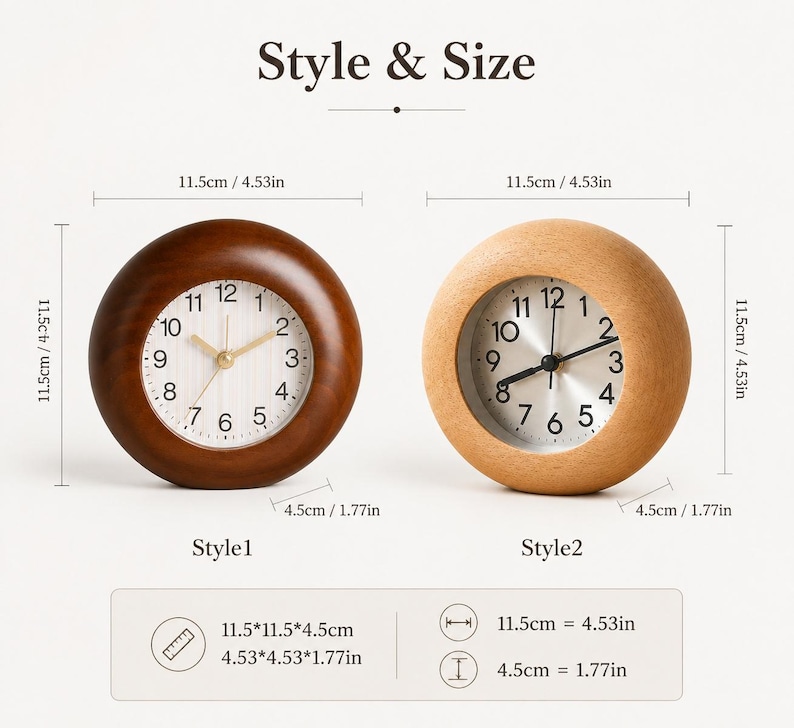 May include: Two round analog clocks labeled Style 1 and Style 2. Style 1 has a dark wood frame and white face. Style 2 has a light wood frame and silver face. Both measure 4.53 inches by 4.53 inches by 1.77 inches as indicated by text.