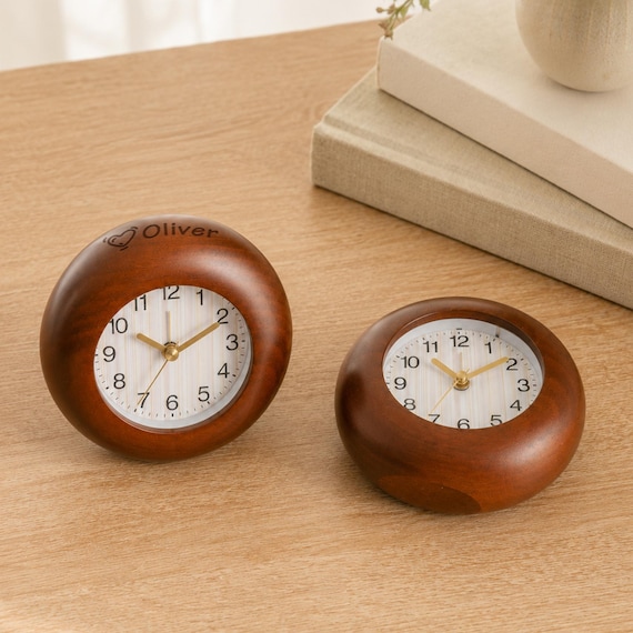 Round Solid Wood Desk Clock, Silent Analog Table Clock, Minimalist Shelf Decor, Bedroom Nightstand Accessory, Housewarming Gift
