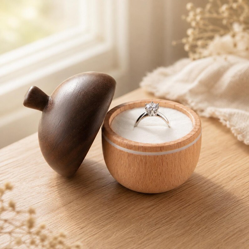 Solid Wood Acorn Engagement Ring Box, Dual Tone Wood Trinket Holder, Neutral Rustic Table Decor, Romantic Wedding Keepsake, Hostess Gift image 6