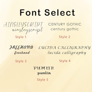 May include: A graphic showing different font styles for a design project. The font styles are Ainsleyscript, Century Gothic, Freehand, Lucida Calligraphy, and Pumkin.