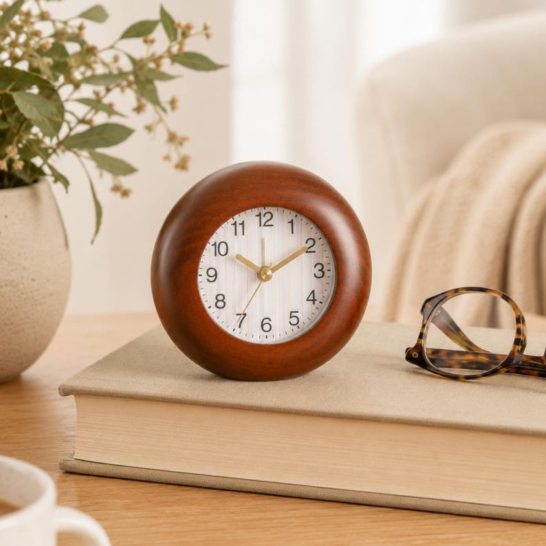 May include: A round analog desk clock with a polished dark brown wooden frame. The clock face is white with vertical pinstripes, black Arabic numerals from 1 to 12, and gold-toned hour, minute, and second hands centered on the dial.