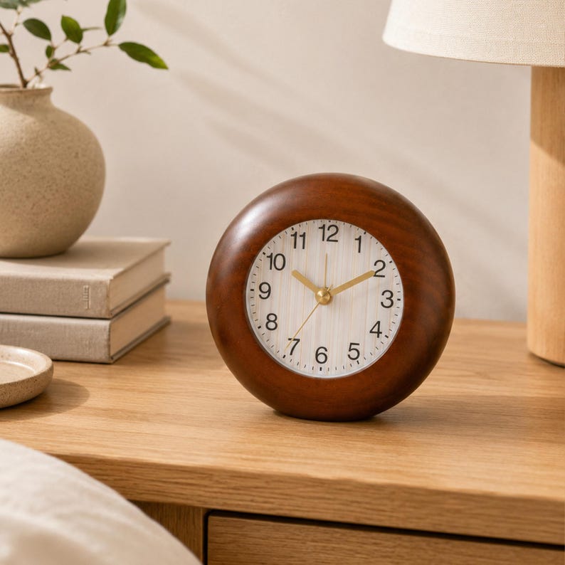May include: A round analog table clock with a dark brown wooden frame and a white face featuring black numerals from 1 to 12. The clock has gold-colored hour, minute, and second hands, and a smooth, polished finish on the circular wooden casing.