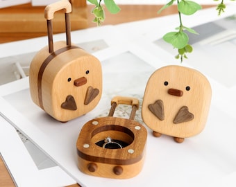 Custom Travel Duck Engraved Wooden Ring Box Personalized Jewelry Organizer Unique Earring Holder Proposal Ring Box Gift for Her