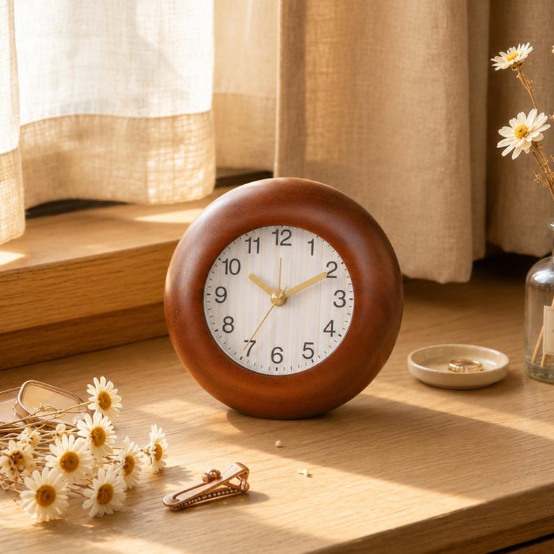 May include: A round analog clock with a polished dark brown wooden frame and a white face featuring black numerals from 1 to 12. The clock has thin gold-colored hour, minute, and second hands, and it sits on a flat surface in a bright, sunlit area.