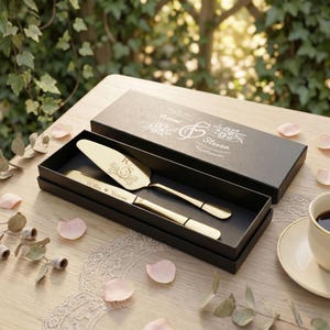 以下が含まれることがあります： 黒い長方形のギフトボックスに入ったゴールドトーンのケーキナイフとサーバーのセット。サーバーにはR Sのイニシャルと花柄が刻印され、ナイフにはWillaとRowanの名前が刻印されています。ボックスの蓋にはNaomiとStevenの名前、花柄のモチーフ、2023年5月15日の日付が記されています。