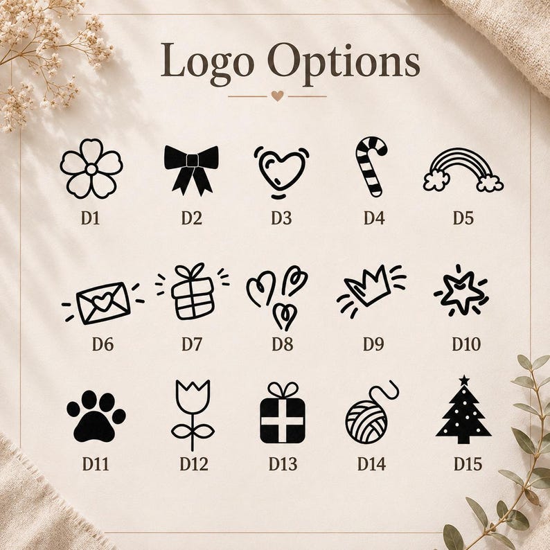 May include: A grid of fifteen black line-art icons labeled D1 through D15 under the heading Logo Options. The icons include a flower, bow, heart, candy cane, rainbow, envelope, gift, hearts, crown, star, paw print, tulip, present, yarn, and tree.