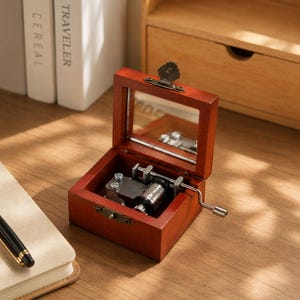 Petite boîte à musique classique en bois, mécanisme à manivelle vintage, décoration de table antique et neutre, cadeau de Saint-Valentin, cadeau d'hôtesse