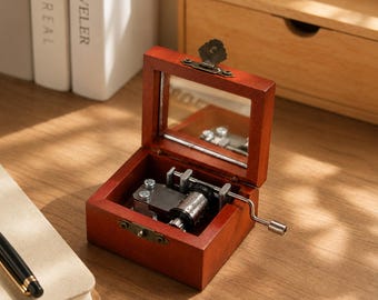 Classic Small Wooden Musical Box, Vintage Hand Crank Music Mechanism, Neutral Antique Table Decor, Valentine Gift Ornament, Hostess Gift