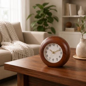 May include: A round wooden desk clock with a dark brown finish and a white face featuring black numerals and gold hands. The top of the clock is engraved with a small heart icon and the name Oliver. The clock has a smooth, circular frame.