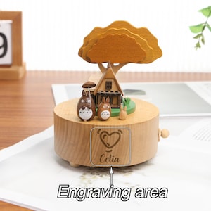 May include: Wooden music box with a small house, tree, and two cartoon characters. The music box has a heart and the name "Celia" engraved on the front.