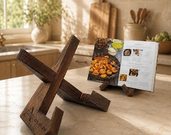 Gepersonaliseerde gegraveerde receptenhouder, vintage houten kookboekhouder, gepersonaliseerd cadeau voor kok, keukenboekenstandaard, houten iPad-standaard, rustieke keukendecoratie