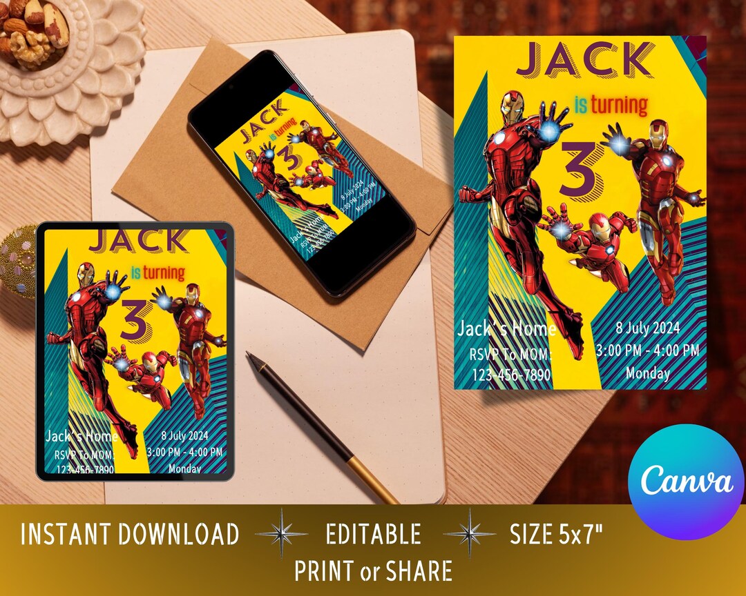 Editable Digital Iron Man Birthday Invitation Template | Customizable ...