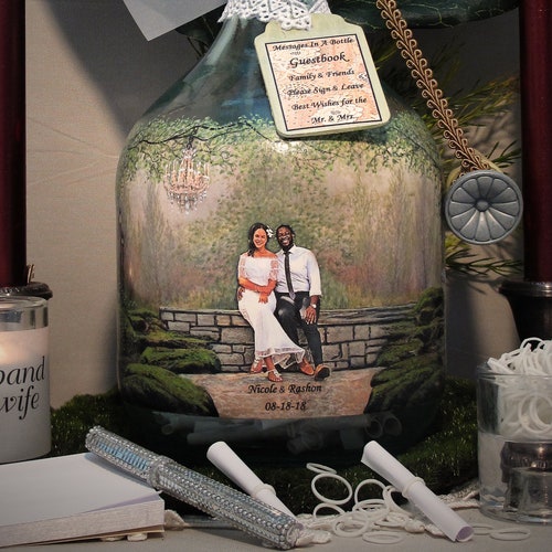Personalized Guest Book Alternative, Messages In A Bottle Guestbook With Your Photo and Hand Painted Embellishments, Vintage Theme Decor shops