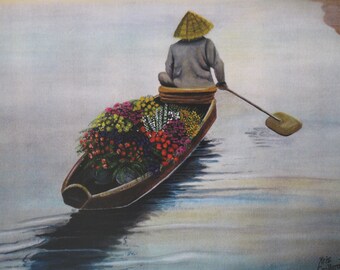 Asian Art Print 12x9 in 16x12 Mat.  Boat, Flowers, Market, Dawn, Thailand, China, Sunrise
