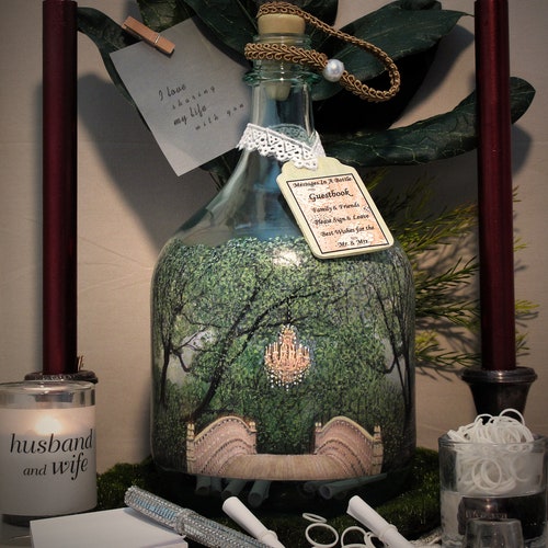 Personalized Guest Book Alternative, Messages In A Bottle Guestbook With Your Photo and Hand Painted Embellishments, Vintage Theme Decor shops