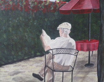 Father / Grandfather Print 9x12 in12x16 Mat, Newspaper, Morning Coffee, Umbrellas, Outdoor Cafe, Grandpa, Journalist, News