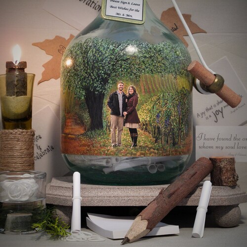 Vineyard Wedding, Messages In A Bottle Guest Book With Your Photo and shops Hand Painted Embellishments, Wine Theme Wedding, Engagement Gift