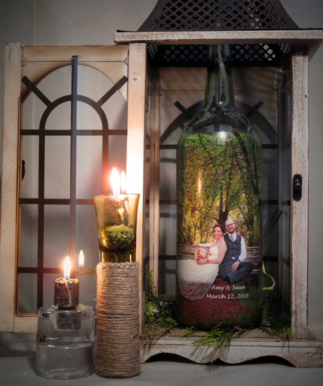 Wine Bottle Candle Centerpiece, Hand Painted Bottle With Your Photo
