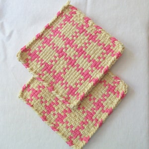 Bright Pink and Yellow Potholders, Trivets, 8 1/2 Inch Hot Pads, Washable All Cotton