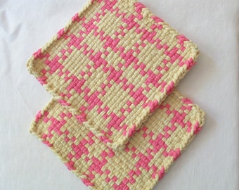 Bright Pink and Yellow Potholders, Trivets, 8 1/2 Inch Hot Pads, Washable All Cotton