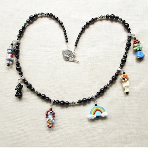 Wizard of Oz Necklace with Dorothy, Toto, Tin Man, Scarecrow, Lion, & Rainbow lampwork charms
