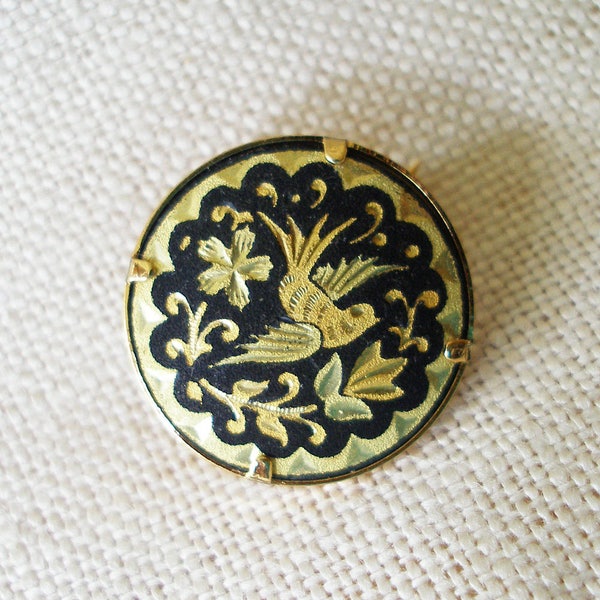 Damascene Bird Brooch, Button Pin, Spanish Brooch