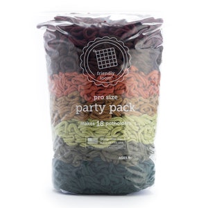 May include: A clear plastic bag filled with colorful yarn loops for making potholders. The bag has a label that says "friendly loom pro size party pack makes 18 potholders".