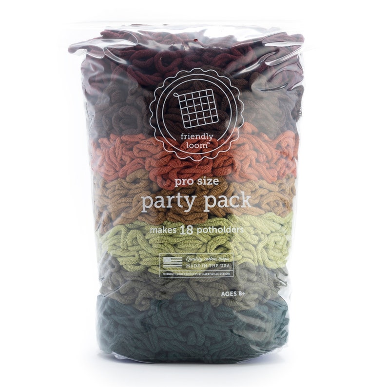 May include: A clear plastic bag filled with colorful yarn loops for making potholders. The bag has a label that says "friendly loom pro size party pack makes 18 potholders".
