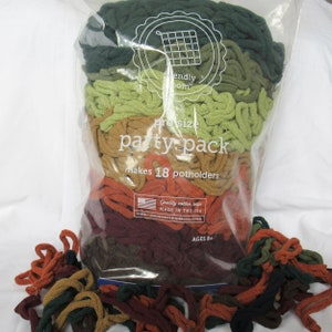 May include: A plastic bag filled with loops of yarn in various shades of green, brown, and orange. The bag is labeled "pro size party pack makes 18 potholders".