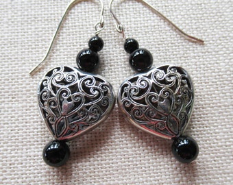 Heart Earrings Accented with Black Onyx