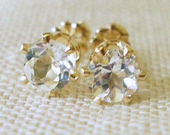 Clear Topaz Earrings, Topaz Goldfilled Studs, Bridesmaids' Gifts