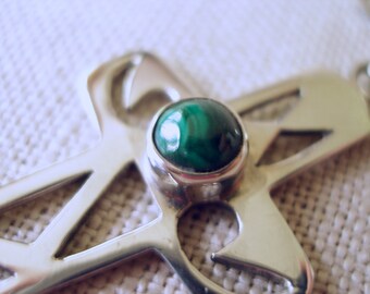 Sterling Silver Cross Pendant with Malachite Cabochon