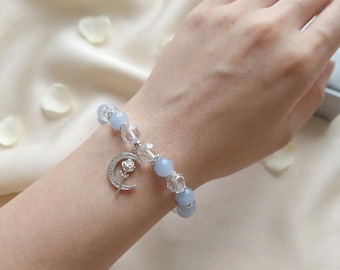 Aquamarine bracelet with moon charm