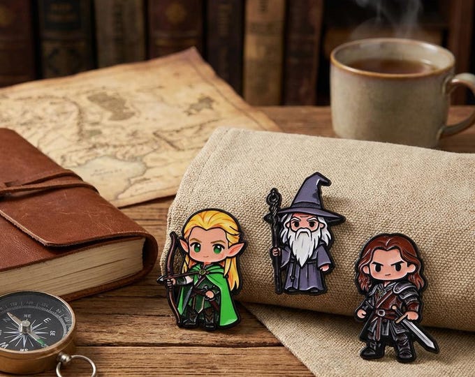 Featured listing image: Fantasy Enamel Pin Set, Wizard & Elf Backpack Pins, RPG Gamer Gift, Nerdy Gift for Boyfriend, Book Lover Gift, Cosplay Accessories