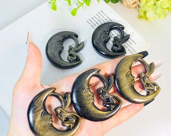 Obsidian Moon and Fairy Carving (5–6cm) Protective Lunar for Intuition & Shadow Work
