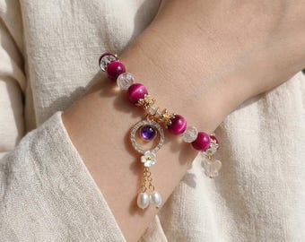 Pink Tiger Eye Bracelet - Confidence Bracelet, Dainty Pink Jewelry