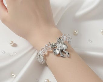 Crystal Bridal Bracelet with Silver Bow Flower Charm, Adjustable Wedding Jewelry, Elegant Gift for Her