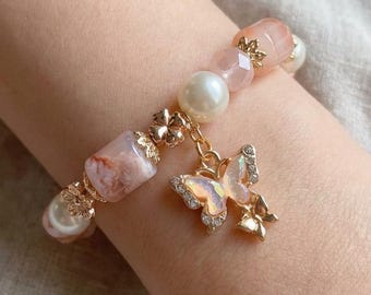 Sakura Agate (Cherry Blossom Bracelet, butterfly charm)