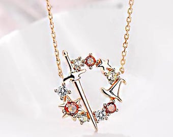 Wizard Sword & Magic Wreath Necklace – Fantasy Jewelry, Witchy Gift, Enchanted Pendant