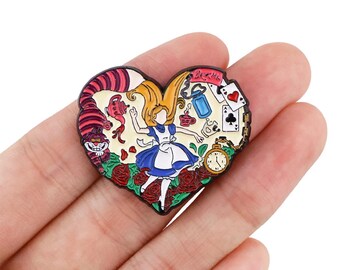 Alice in Wonderland Enamel Pin, Heart-Shaped Fantasy Lapel Pin with Cheshire Cat