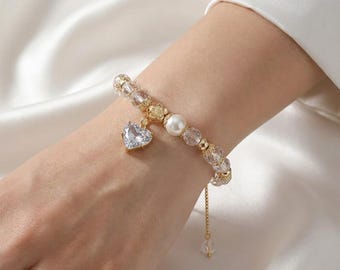 Gold Crystal Bracelet with Heart Pendant, Bridal Wedding Jewelry, Romantic Gift for Her