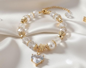 Gold Crystal Bracelet with Heart Pendant, Bridal Wedding Jewelry, Romantic Gift for Her