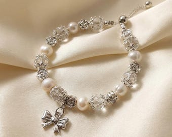Pearl Crystal Bracelet with Silver Rose Beads, Bridal Wedding Jewelry, Romantic Bow Charm