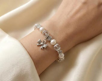 Pearl Crystal Bracelet with Silver Rose Beads, Bridal Wedding Jewelry, Romantic Bow Charm
