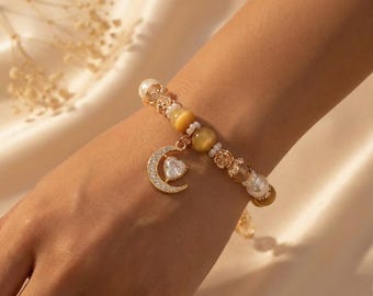 Carnelian Bracelet - Gold Moon Charm Bracelet