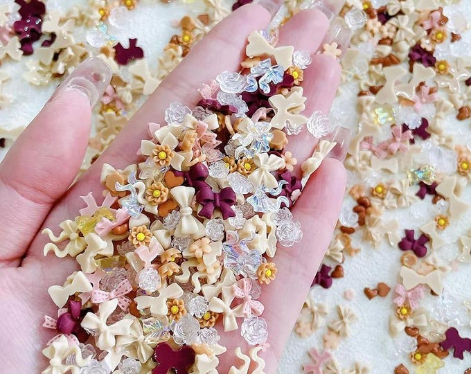 Featured listing image: 50PCs Toffee Winter Mix Set – Mini Bows, Roses & Charms for Nail Art, Resin Crafts, Scrapbooking