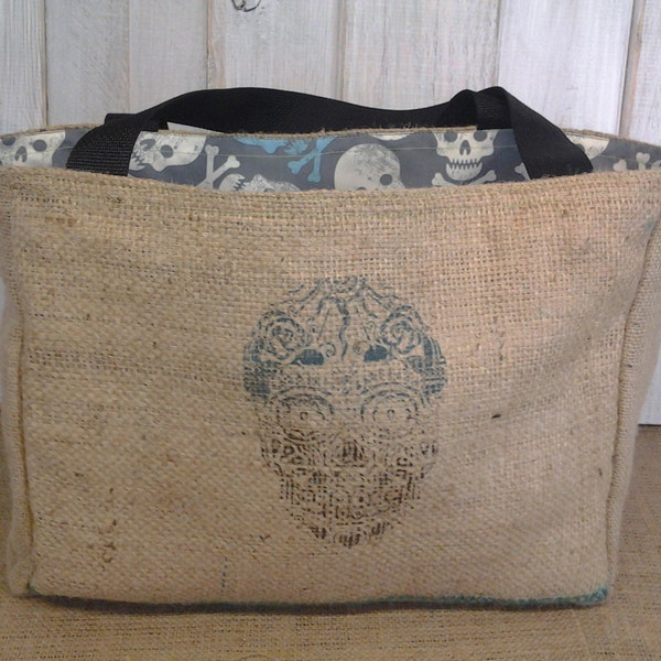 Eco-Friendly Day Of The Dead Design Market Tote Bag, Handmade from a Recycled Coffee Sack
