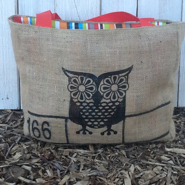 Eco-Friendly Vintage Owl Market Tote Bag, Handmade from a Recycled Coffee Sack