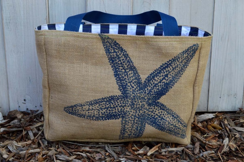 Handmade Star Fish Burlap Market Tote Bag CC