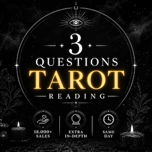 以下が含まれることがあります： 白と金の文字で「3 QUESTIONS TAROT READING」と書かれた黒いグラフィック。目のアイコン、花の線画、2本の灯ったキャンドルが描かれています。アイコンは18,000件以上の販売実績、詳細な分析、即日配送を表しています。